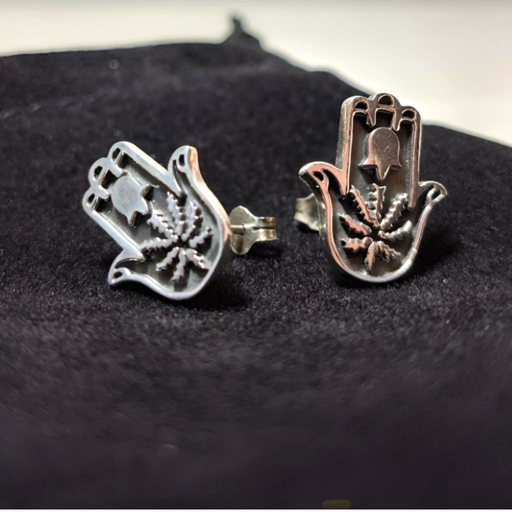 Vintage Sterling Silver Hamsa Lotus flower Post back Stud Earrings
